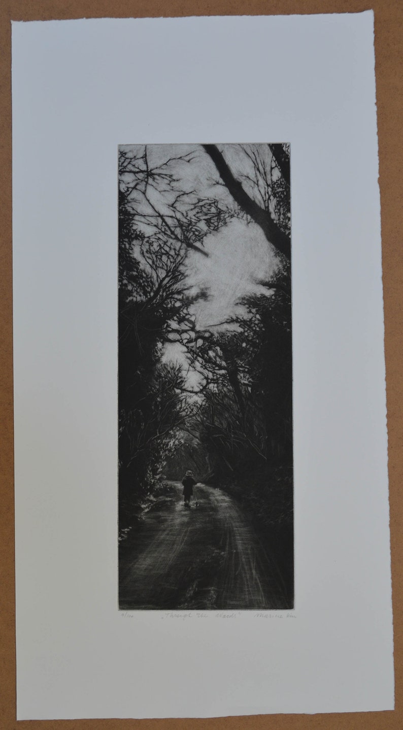 Original art print Through The Woods Mezzotint Little child with scooter walking through woods Landscape picture unframed or framed