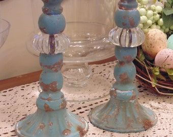 Vintage Chippy Shabby Beach Coastal Cottage Turquoise Teal Blue Metal Candleholders