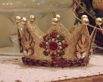 Shimmery Gold Crown With Red Rhinestone Ornament Mixed Media Decor Gift