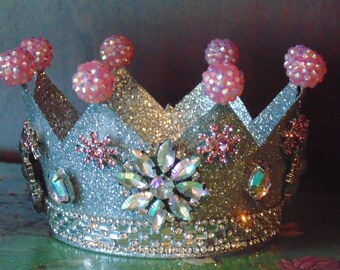 Shimmery Aurora Silver Crown  Pink With Rhinestone Ornament Decor Gift