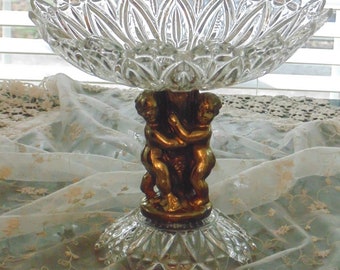 PRICE REDUCED Vintage Collectible Cut Crystal Compote Brass Cherubs Beautiful Home Decor