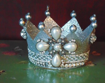 Shimmery Silver Crown With Rhinestone Ornament Mixed Media Decor Gift