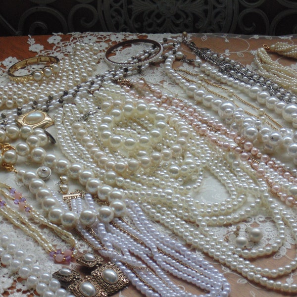 Vintage - Now Faux Pearl Mixed Jewelry Lot Unsearched Destash 30 Pieces Over 3 LBS