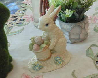 Vintage Lenox Ceramic Bisque Bunny With Flowers Basket Easter Spring Decor