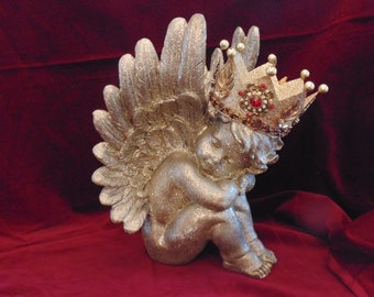 Shimmery Gold Crown With Red Rhinestone Ornament Mixed Media Decor Gift