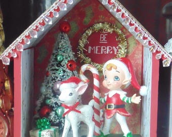 Cute Elf Shadow Box Room Box Diorama Christmas Decor
