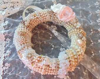 Rhinestone Pearl Jeweled Wreath Home Decor Pink OOAK Vintage Shabby Chippy