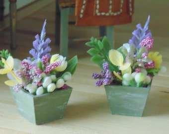 Dollhouse Miniature Planters With Flowers Potted Flowers Dollhouse Spring Decor Set of 2