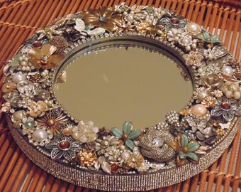 10" Bejeweled Wall or Display Mirror Decorated with Vintage Floral Jewelry