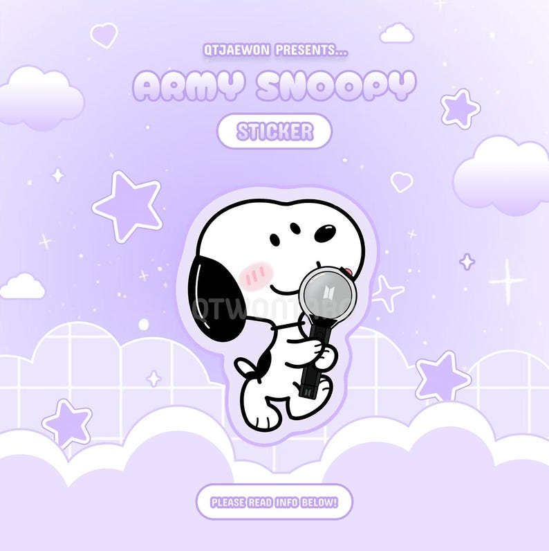 May include: A sticker featuring Snoopy in a cute pose, holding a black and silver object. The sticker has a light purple background with white clouds, stars, and the text "ARMY SNOOPY STICKER". The text "QTJAEWON PRESENTS..." is also visible.