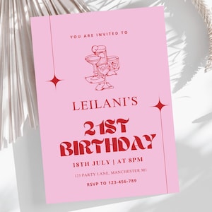 Pink 21st Birthday Invitation Template | Editable Hand Drawn 21st Birthday Party Invite | Hello Twenty One | Birthday Invite