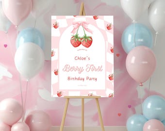 Berry First Birthday Welcome Sign Template | Berry First Party | Strawberry 1st Birthday | Strawberry Theme Party | Editable Poster