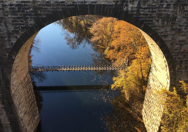 Pu&ograve; includere: Un ponte ad arco in pietra incornicia la vista di un fiume calmo che riflette il cielo azzurro. Una stretta passerella pedonale in metallo attraversa l'acqua, circondata da alberi con fogliame autunnale nei toni del giallo, arancio e marrone.