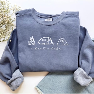 Teardrop Pod Camper Best Life Unisex Crewneck Sweatshirt; Campfire, Camper, Mountains; Camping Apparel