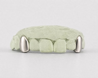 Puede incluir: Un molde dental de un conjunto de dientes que presenta dos fundas metálicas plateadas para los caninos. Los dientes están moldeados en un material de color verde pálido, mostrando la forma y alineación natural de la arcada dental.