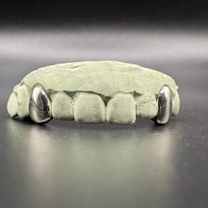Custom Fit 2 Pc Silver/Gold Cap Teeth With or Without Bar Grillz/ Solid Fang Grillz