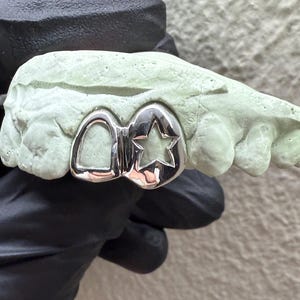 Custom Fit Grillz 2 Teeth Star or Heart Grillz Open Face, Silver/Gold Open Face Fang Grillz for Women with free shipping and mold kit