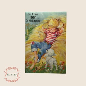 Vintage Geburtstagskarte für kleinen Jungen Blau - Thema Bauernhof, Kindergeburtstag Mid-Century, Retro Ephemera