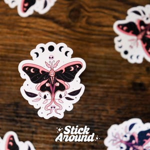 Sticker papillon de nuit lune mystique fantaisie, autocollant papillon de nuit mignon, autocollant papillon de nuit Luna fantaisie, autocollant fantaisie, Sticker papillon de nuit luna noir rose