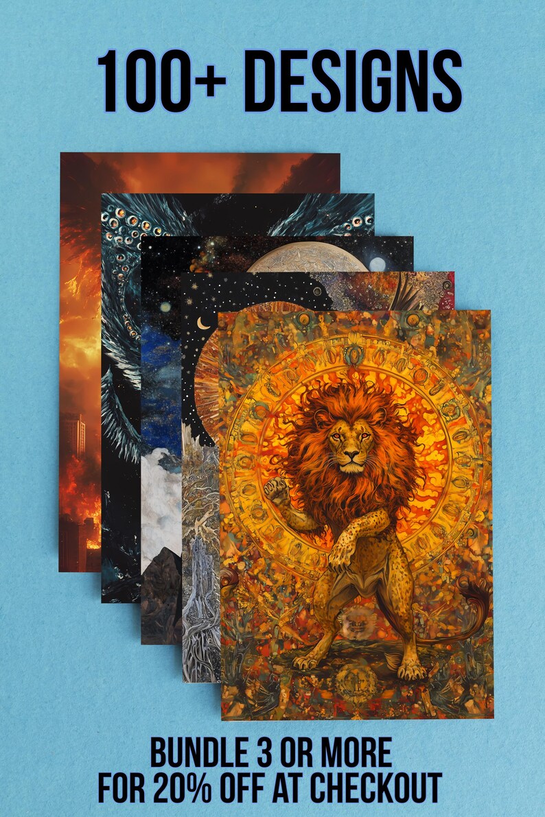 The image is a promotional poster for a bundle of 100+ designs, offering 20% off at checkout. The poster features a collage of various artistic images, including a lion, a sunset, and a crescent moon, all set against a blue background.