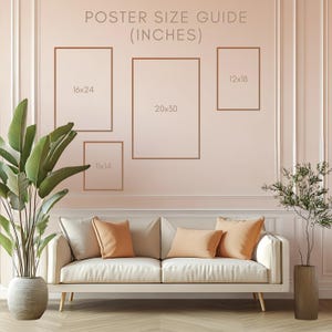 a living room with a white sofa and a potted plant. Above the sofa, there is a poster size guide with measurements for different poster sizes, including 16x24, 20x30, and 12x18.