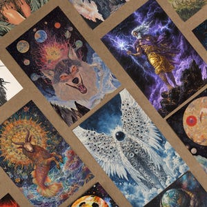 a collage of various artistic and fantastical images, including a wolf, a dragon, a bird, and other celestial and cosmic elements. The images are arranged in a grid-like pattern, showcasing a diverse range of artistic styles and themes.