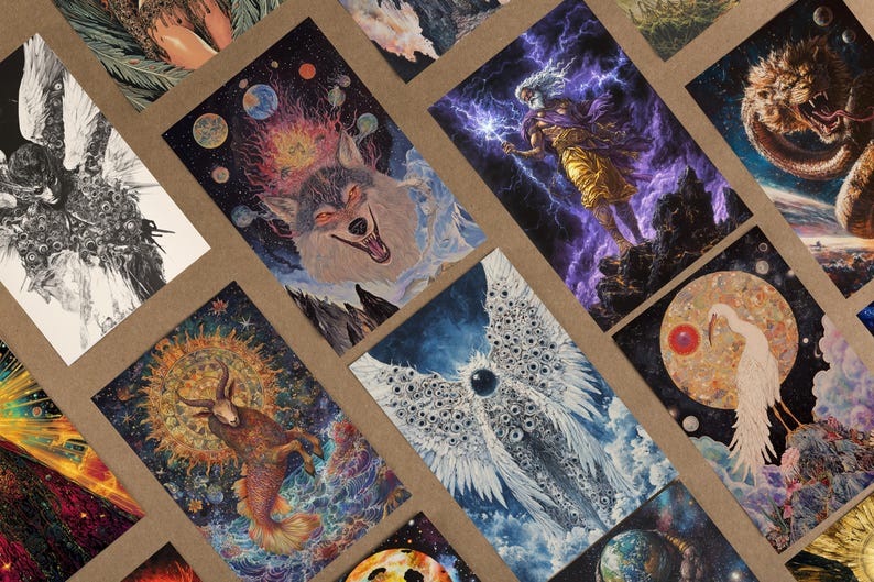 a collage of various artistic and fantastical images, including a wolf, a dragon, a bird, and other celestial and cosmic elements. The images are arranged in a grid-like pattern, showcasing a diverse range of artistic styles and themes.