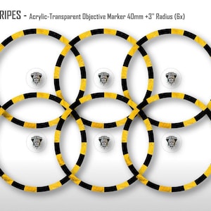 Könnte beinhalten: Acryl-transparente Objektmarkierungen mit Gefahrenstreifen. Jeder Ring ist schwarz und gelb, mit einem Radius von 7,6 cm. Das Bild enthält den Text "HAZARD STRIPES" und "GMS-FORGE".
