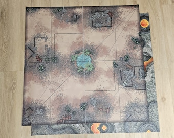 Pode incluir: Um tabuleiro de jogo quadrado com fundo marrom e cinza, um padrão de grade preta e um pequeno lago azul no centro. O tabuleiro é cercado por uma borda preta.