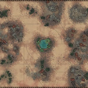 May include: A detailed, top-down view of a desert-themed game map. The map features a tan background with grid lines, patches of rocks, vegetation, and a central oasis with blue water. The overall design is suitable for tabletop role-playing games.