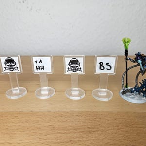 Puede incluir: Marcadores de juego acrílicos transparentes con un diseño gráfico de casco en blanco y negro y texto. También hay una figura en miniatura con detalles azules y verdes. Los marcadores muestran texto, incluyendo "+A Hit" y "BS".