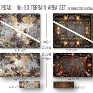 May include: Industry Road 11th ED Terrain-Area Set. This set includes 16 double-sided cardboard pieces. The pieces feature a detailed, industrial design with dimensions including 4 x 10" x 2.5", 2 x 8" x 11.5", 4 x 6" x 4", 4 x 7" x 11.5", and 4 x 6" x 2".
