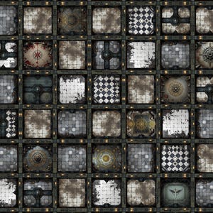 Può includere: Vista dettagliata dall'alto di una mappa di gioco basata su griglia. Ogni quadrato presenta un design unico, tra cui scacchiere, rose dei venti e motivi astratti. La tavolozza dei colori è attenuata, con sfumature di grigio, marrone e accenti metallici, creando un'estetica industriale usurata.