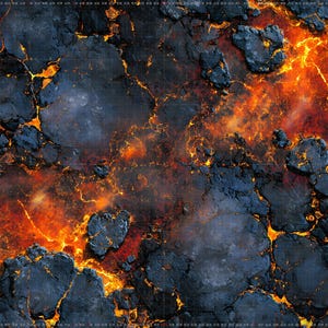 Könnte beinhalten: Eine detaillierte Karte, die eine feurige Landschaft mit geschmolzener Lava und dunklen, zerklüfteten Felsformationen zeigt. Die Farbpalette umfasst Schattierungen von Orange, Rot und Schwarz und erzeugt eine dramatische und immersive Szene.