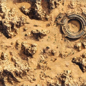 May include: Overhead view of a desert landscape with tan and brown rock formations and a circular structure. The terrain is detailed with small plants and a grid pattern, suggesting a map or game board.