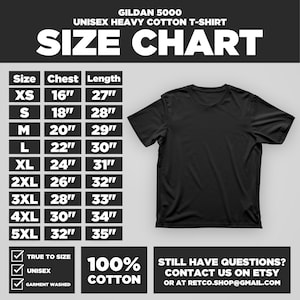 Puede incluir: Tabla de tallas para una camiseta de algod&oacute;n pesado unisex Gildan 5000. La tabla muestra las medidas de pecho y largo en pulgadas para las tallas XS a 5XL. La tabla tambi&eacute;n incluye el texto "100% algod&oacute;n" e instrucciones para contactar al vendedor en Etsy o por correo electr&oacute;nico.
