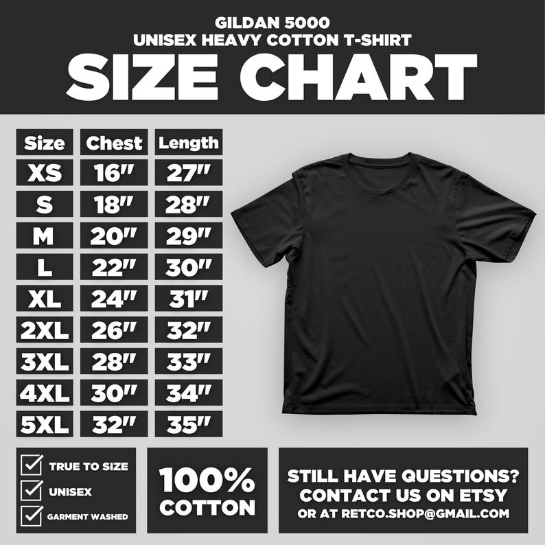 Puede incluir: Tabla de tallas para una camiseta de algod&oacute;n pesado unisex Gildan 5000. La tabla muestra las medidas de pecho y largo en pulgadas para las tallas XS a 5XL. La tabla tambi&eacute;n incluye el texto "100% algod&oacute;n" e instrucciones para contactar al vendedor en Etsy o por correo electr&oacute;nico.