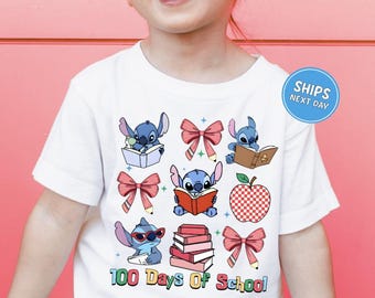 Stitch 100 Days of School Shirt Disney 100 Days of School Shirt 100th Day of School Coquette Girls Tee 100 Days Shirt Girls Stitch and Angel