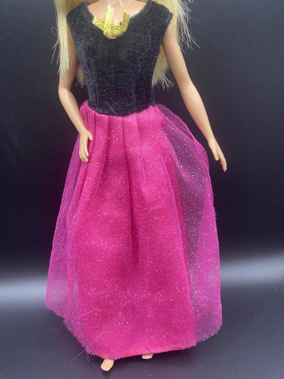 Vintage 80s Barbie Sized Black Velvet Hot Pink Satin Dress