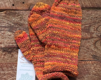 Womens one of a kind hand knit orange mittens from hand spun wool yarn