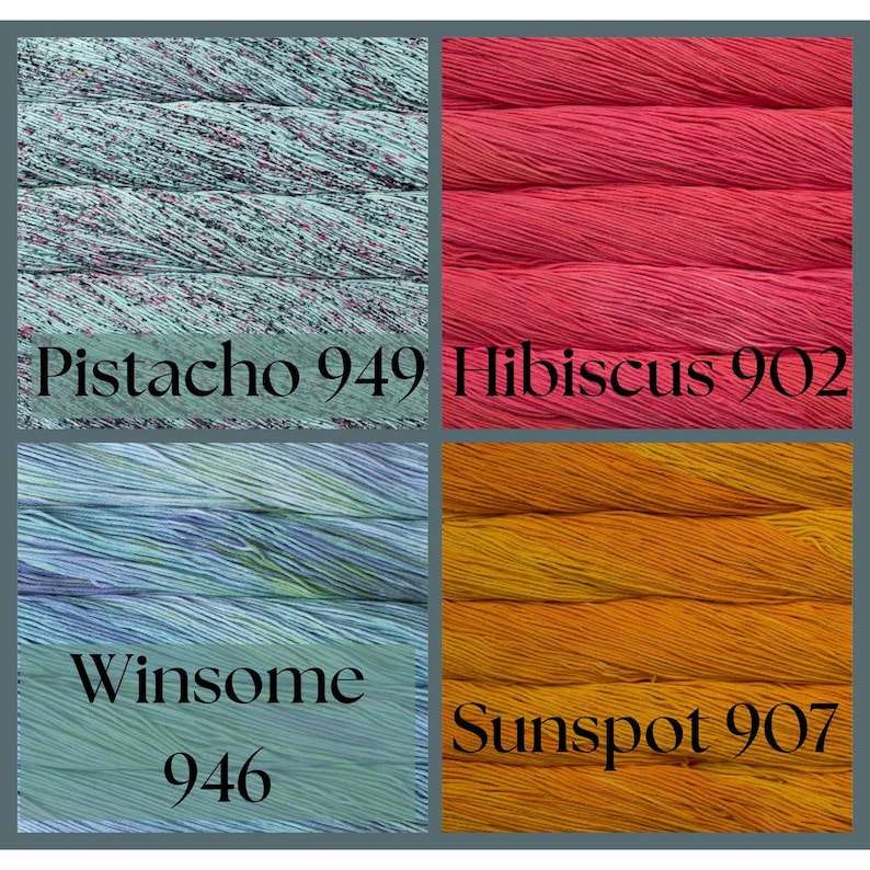 Malabrigo Verano Pima Cotton Yarn in assorted summer colors, including Pistafo and Hibiscus, manufactured by 38, suitable for sale of summer knits and crochet projects.