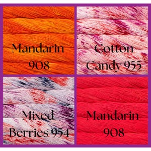 Malabrigo Verano Pima Cotton Yarn by 38 Brand, showcasing vibrant summer colors in sale, featuring Mandarin 908, Cotton Candy 955, and Mixed Berries 954 multi-hued hues for knitting.