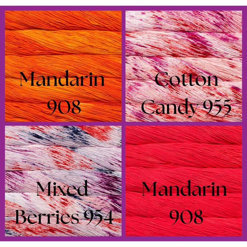Malabrigo Verano Pima Cotton Yarn by 38 Brand, showcasing vibrant summer colors in sale, featuring Mandarin 908, Cotton Candy 955, and Mixed Berries 954 multi-hued hues for knitting.