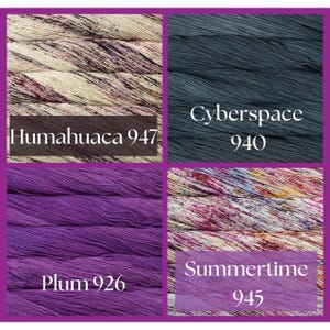 Malabrigo Brand Pima Cotton Yarn in various shades, featuring colors Humahuaca, Cyberspace, Plum, and Summertime, with vibrant purple and multicolored hues in 38 weight.