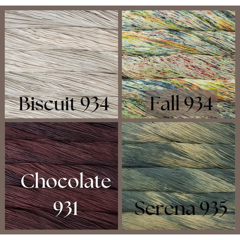 Malabrigo Verano Pima Cotton Yarn by brand 38, featuring soft pastel tones in Biscuit, Fall, Chocolate, and Serena colors, a summer knit with cotton yarn.