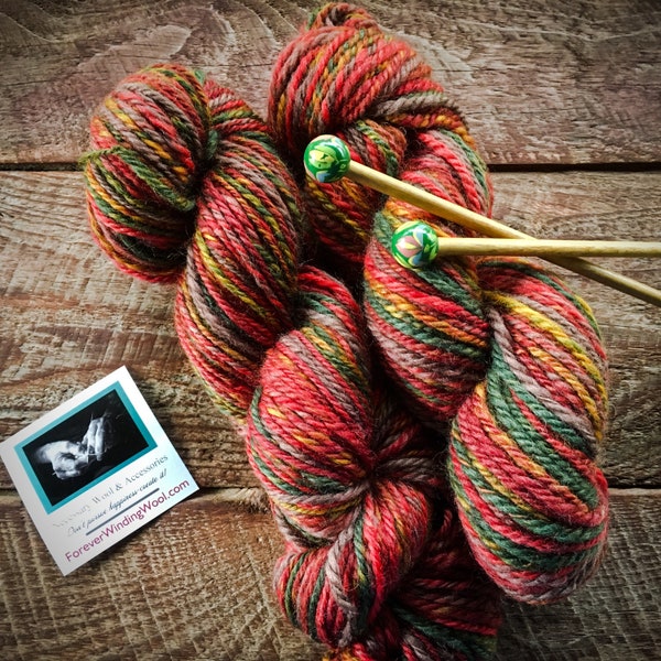 Handmade Artisan Yarn and Knitting Supplies - Variegated, Hand Dyed and Handspun Worsted Weight Wool Yarn in Mossy Green, Gold, and Red