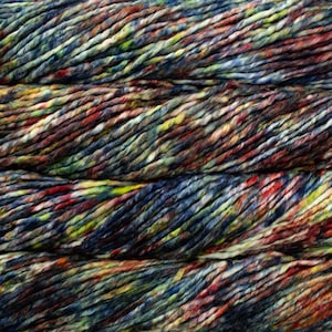 May include: Close-up of a skein of colorful yarn. The yarn is a mix of blues, greens, reds, and browns, creating a textured, variegated appearance. The fibers are thick and twisted, suggesting a chunky knit or crochet project. Ideal for crafting.