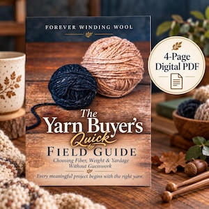 Puede incluir: Una guía PDF digital de 4 páginas titulada The Yarn Buyer's Quick Field Guide: Choosing Fiber, Weight & Yardage Without Guesswork. La portada muestra un ovillo de lana azul oscuro y uno beige sobre una superficie de madera rústica.