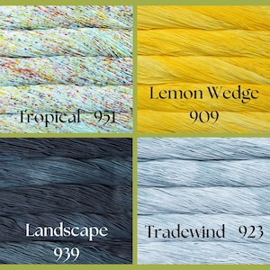 Malabrigo Verano Pima Cotton Yarn - Summer Knits on Sale in tropical blue, lemon, landscape turquoise, and tradewind pastel shades.