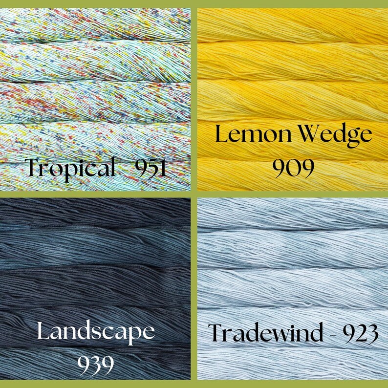 Malabrigo Verano Pima Cotton Yarn - Summer Knits on Sale in tropical blue, lemon, landscape turquoise, and tradewind pastel shades.